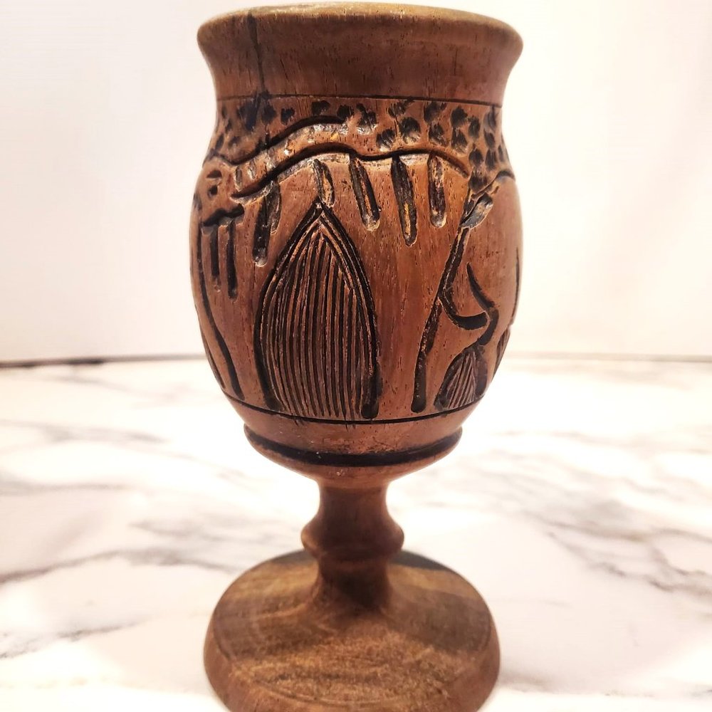 Hand Carved and Turned African Two Tone Wood Goblet Cup Rhino and Elephant